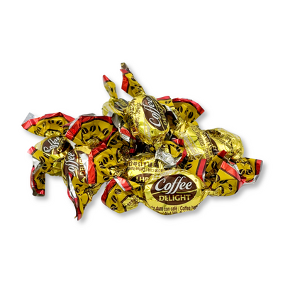 Colombina Coffee Delight coffee-flavored hard candies from Candy In Bulk in a bulk value bag, showing shiny coffee-colored candies.