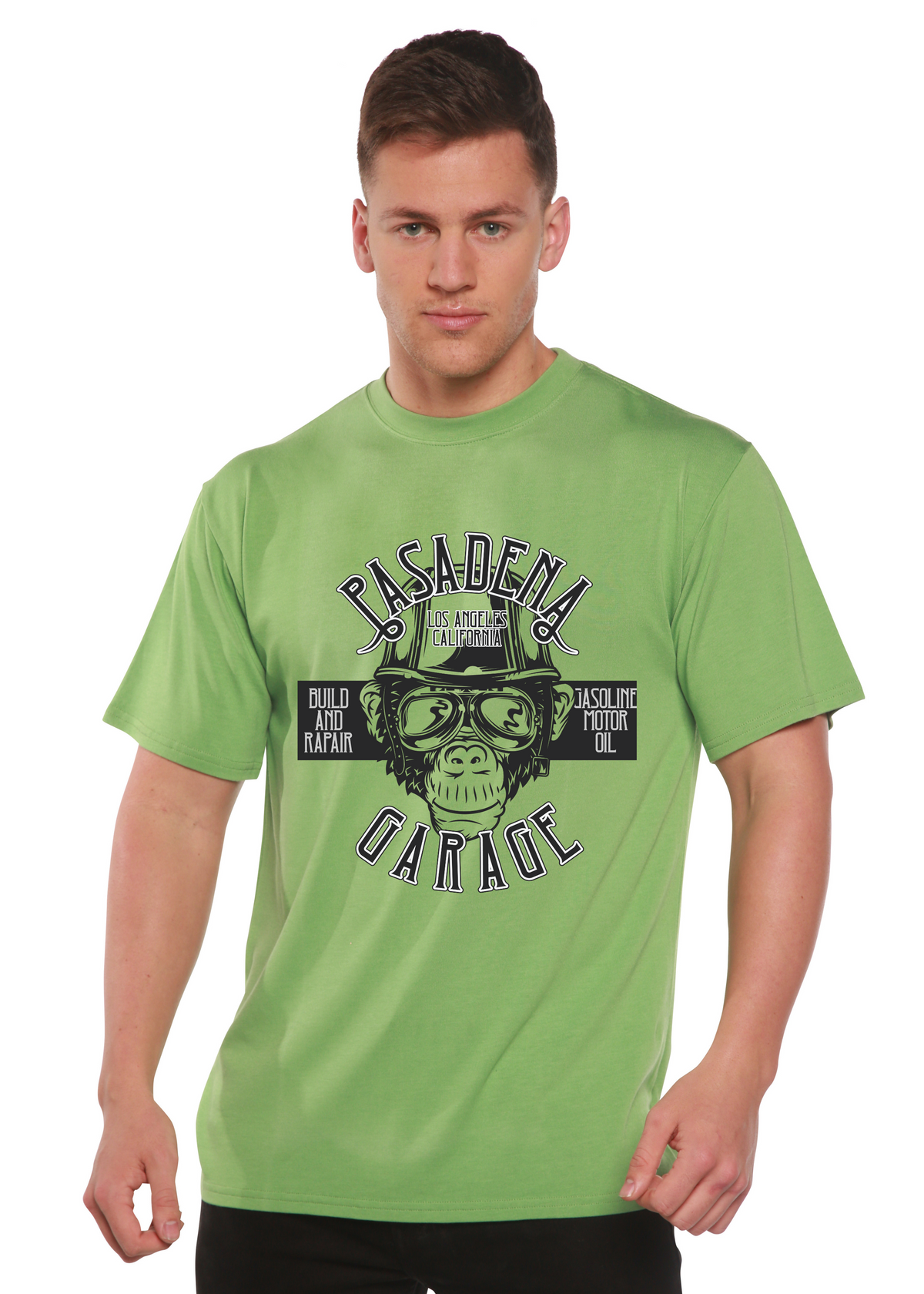 Spun Bamboo Pasadena Garage men's short sleeve graphic T-shirt with bamboo viscose and organic cotton, featuring a printed design.