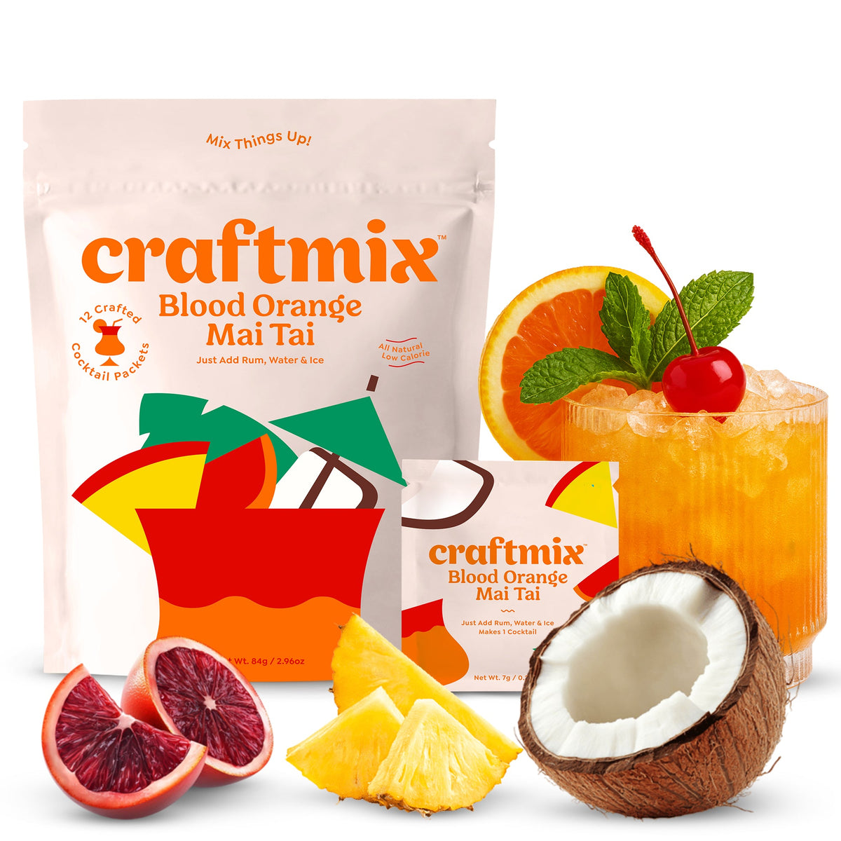 Blood Orange Mai Tai cocktail mix by Craftmix in a 12-pack, featuring vibrant orange liquid and packaging.