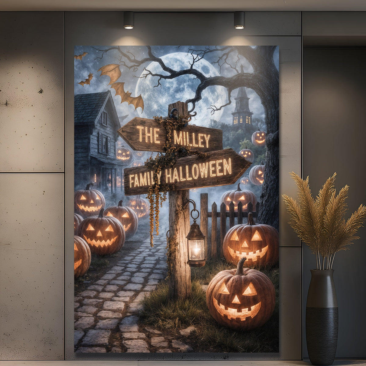 Personalized family name Halloween street sign canvas wall art with spooky design, suitable for Halloween home decor.