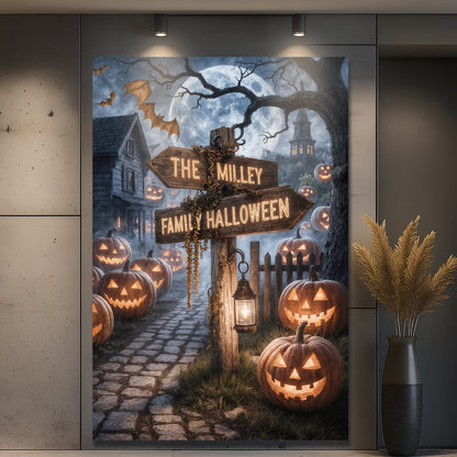 Personalized family name Halloween street sign canvas wall art with spooky design, suitable for Halloween home decor.