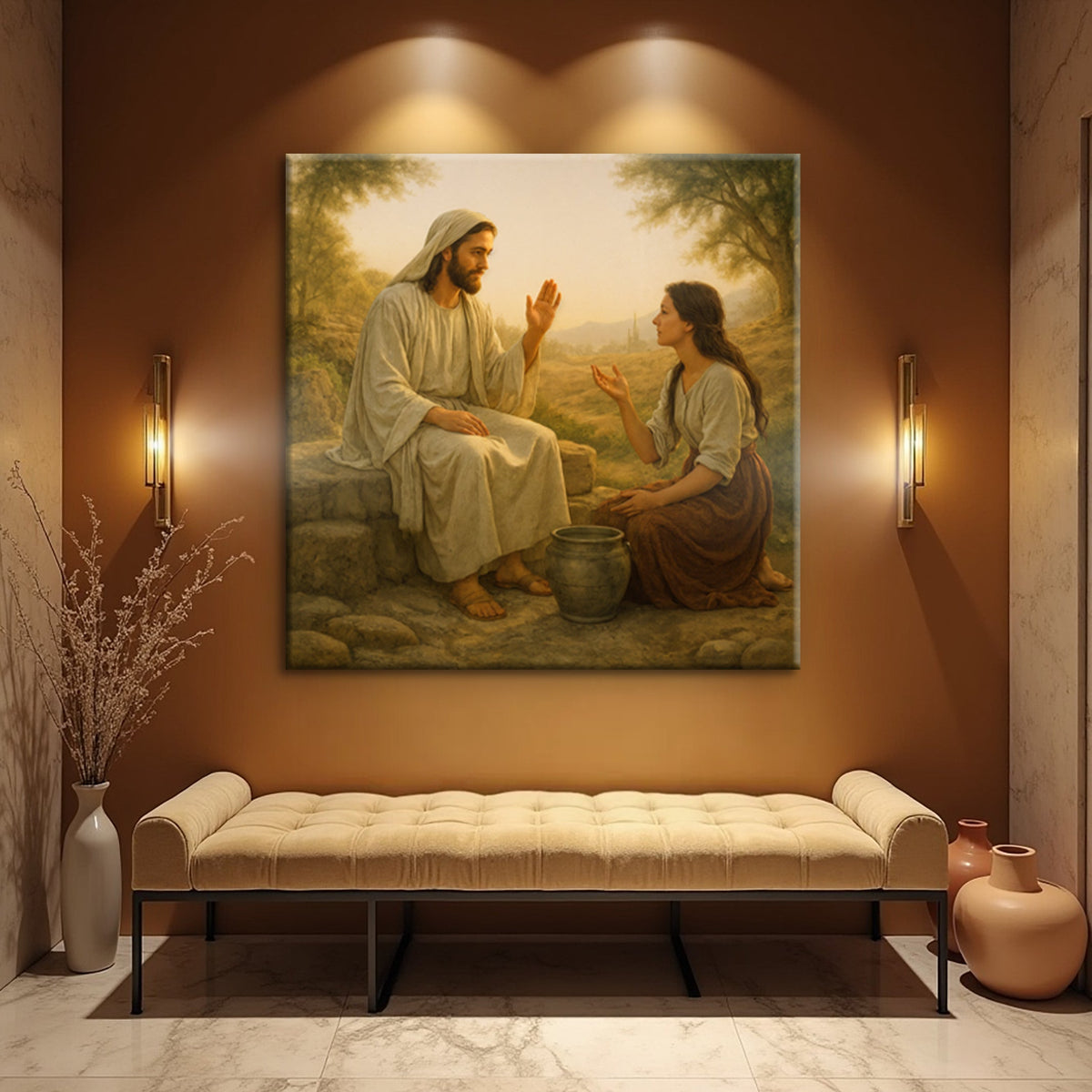 Canvas wall art featuring the Samaritan at the Well biblical scene, designed by Tailored Canvases.