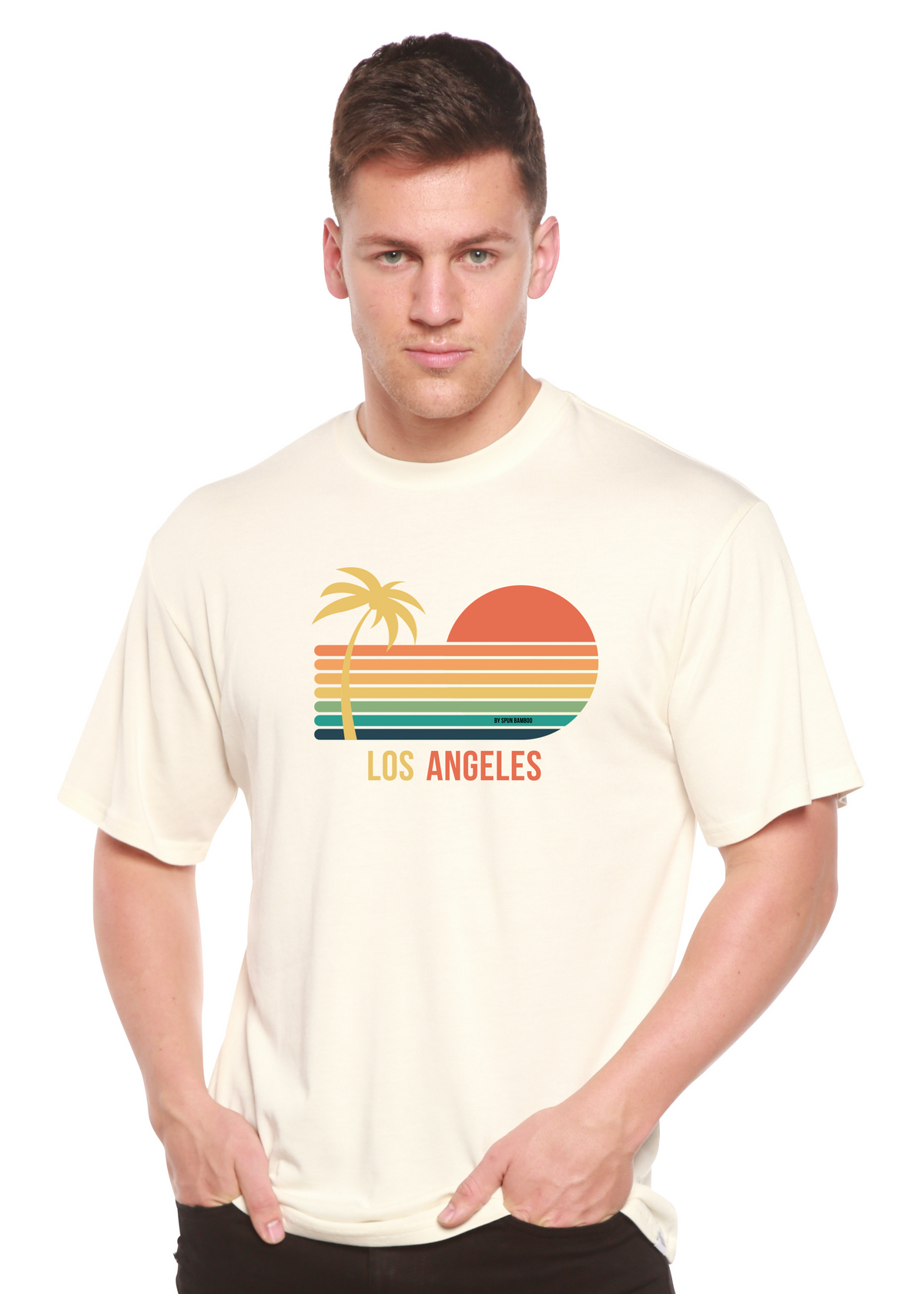 Mens printed T-shirt from Spun Bamboo featuring Los Angeles graphic in bamboo viscose and organic cotton fabric.