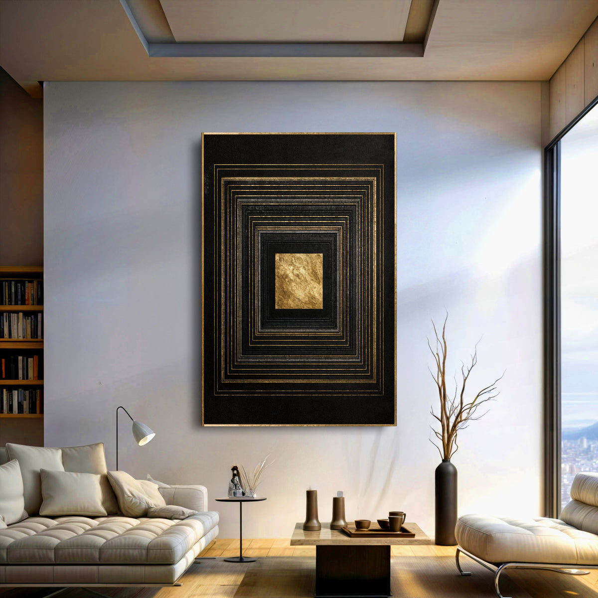 Black and gold canvas wall art by Tailored Canvases featuring modern abstract design for stylish home decor.