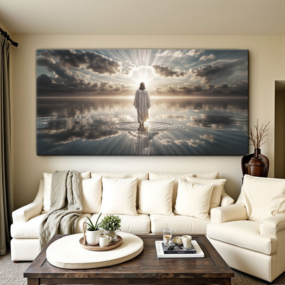 Canvas wall art titled "Walking on Water - Faith" by Tailored Canvases, featuring a serene water scene with inspirational message.