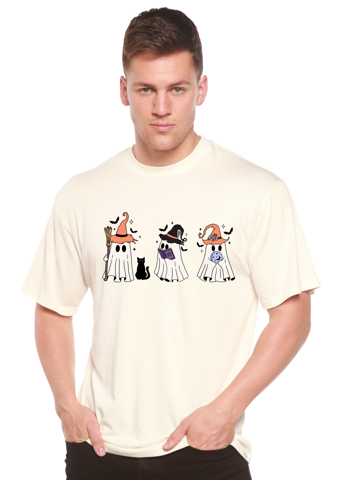 Spun Bamboo Halloween Boo men's short sleeve graphic T-shirt in bamboo viscose and organic cotton with Halloween print.