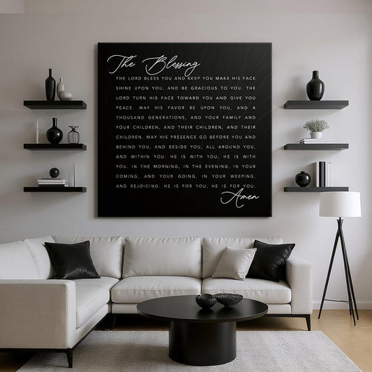 Canvas art featuring "The Blessing Faith Sign III" by Tailored Canvases, with a spiritual quote on a neutral background.