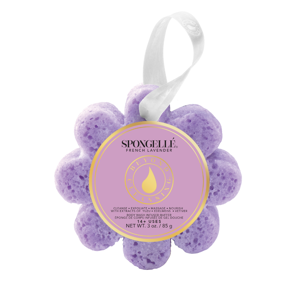 Spongellé French Lavender Wild Flower body gift set with pedi buffer and refill body wash bottles on a white background.