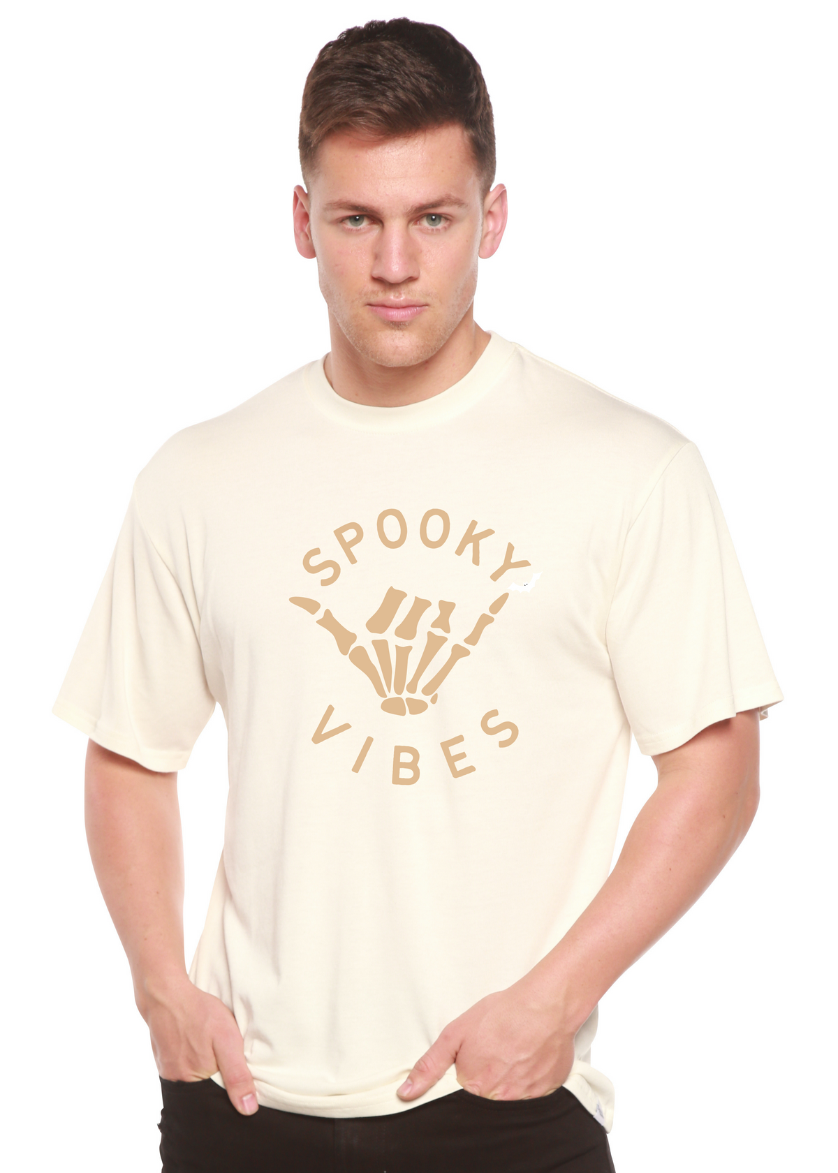 Men's Spooky Vibes graphic T-shirt by Spun Bamboo featuring short sleeves, bamboo viscose, organic cotton, and spooky print design.