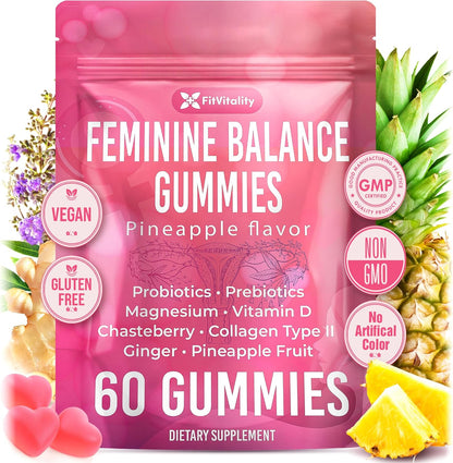 Premium Feminine Balance Gummies – Vaginal Probiotics & Support Digestive Health – Probiotics, Collagen Type II, Chasteberry, Vitamin D & Magnesium
