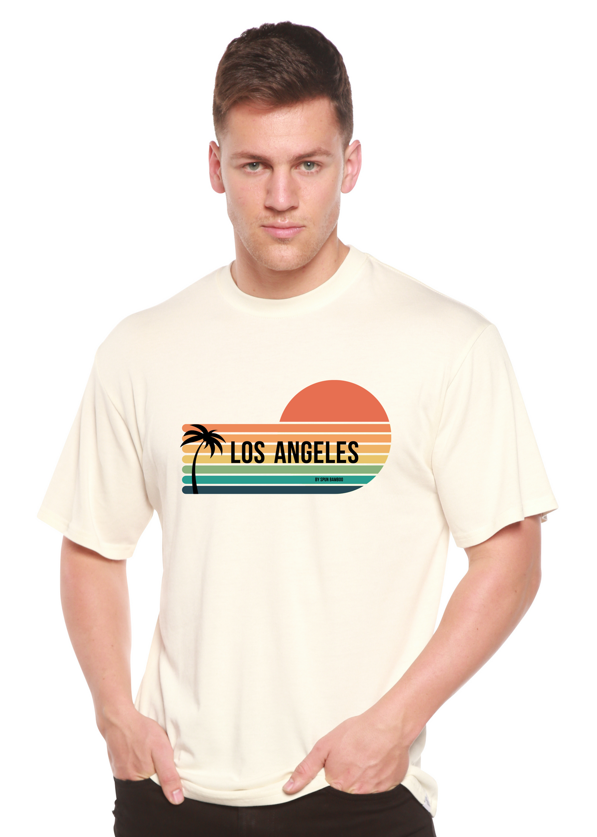 Men's printed T-shirt by Spun Bamboo featuring graphic design, made from bamboo viscose and organic cotton fabric.