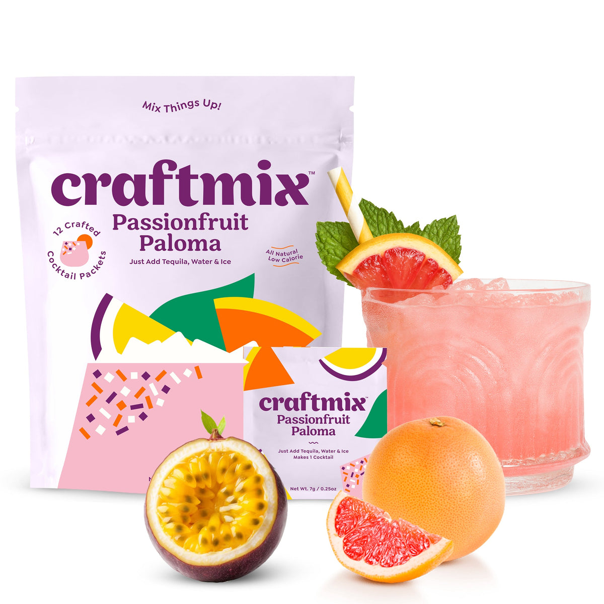 Craftmix Passionfruit Paloma cocktail mix 12-pack, featuring vibrant passionfruit and citrus flavor in a convenient package.