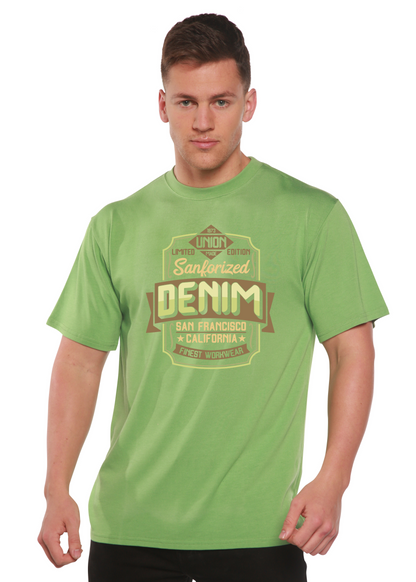 Spun Bamboo men's Sanforized denim graphic T-shirt with short sleeves, bamboo viscose and organic cotton fabric, featuring a printed design.
