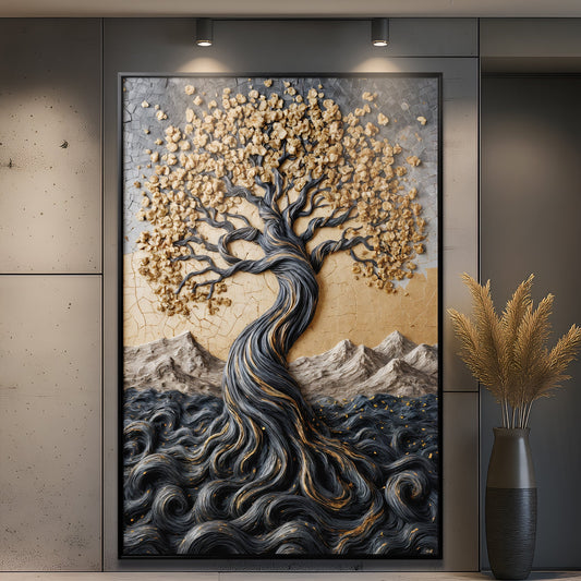 Golden Tree of Life minimalist canvas wall art by Tailored Canvases, showcasing a detailed gold tree design on a neutral background.