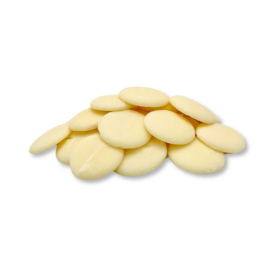 White chocolate coating wafer by Candy In Bulk with a semi-melt, creamy finish, ideal for decorating or coating confections.