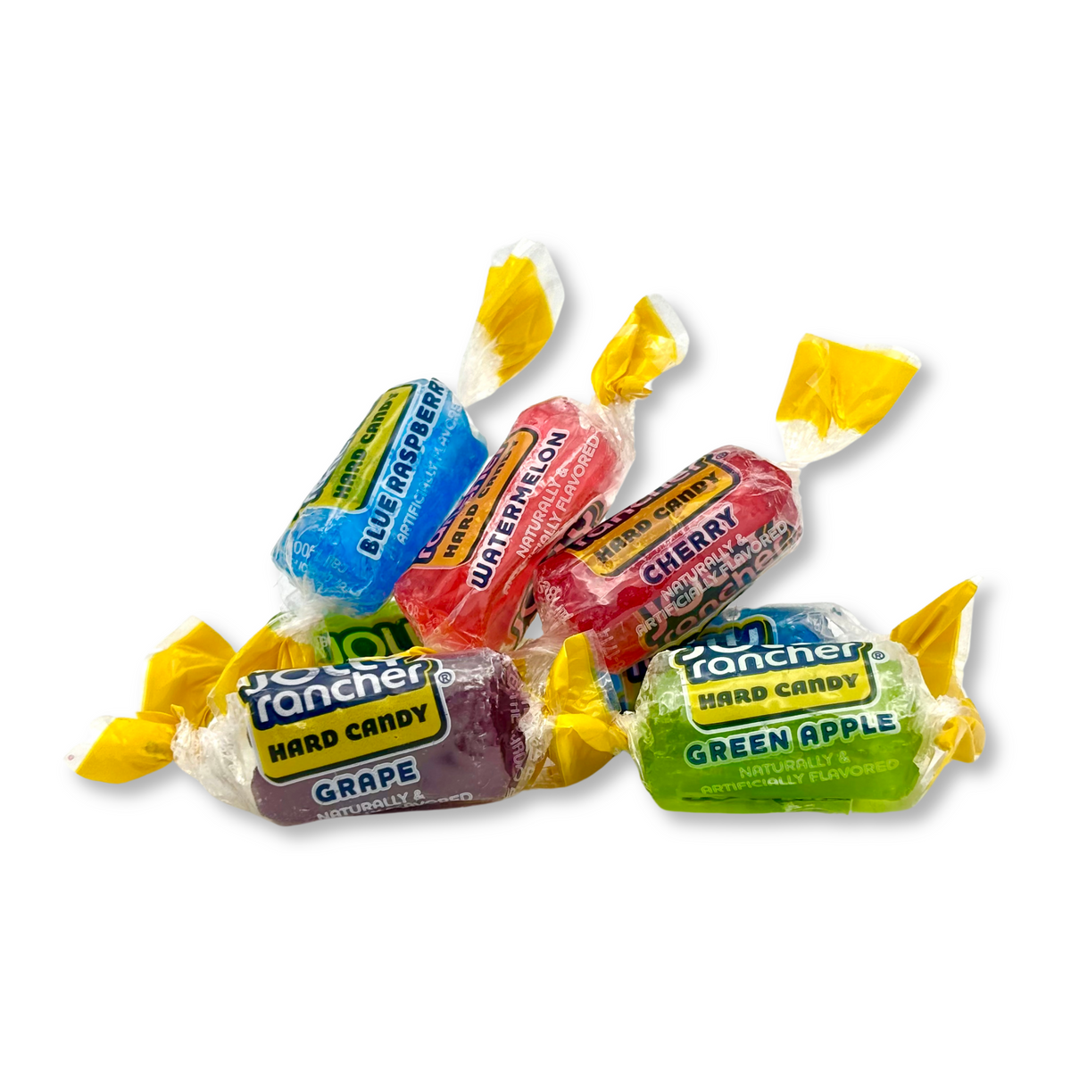Assorted Jolly Rancher hard candies in a bulk Candy In Bulk value bag, with colorful fruit-flavored candies visible.