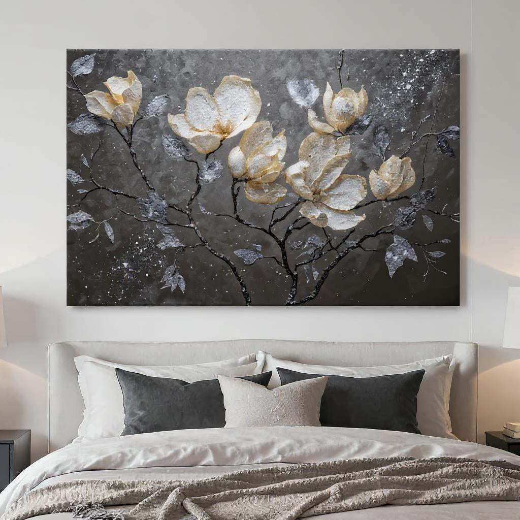 Canvas wall art featuring midnight magnolias with dark, moody floral design by Tailored Canvases on a textured canvas background.
