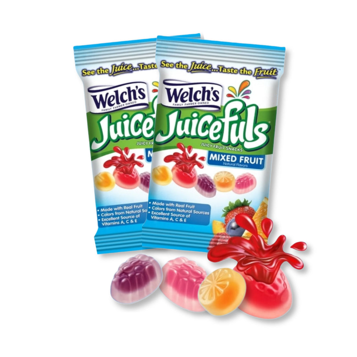 Welch's Juicefuls Fruit Snacks mixed fruit gummy candies in a 1 oz package, colorful and fruity, by Candy In Bulk.