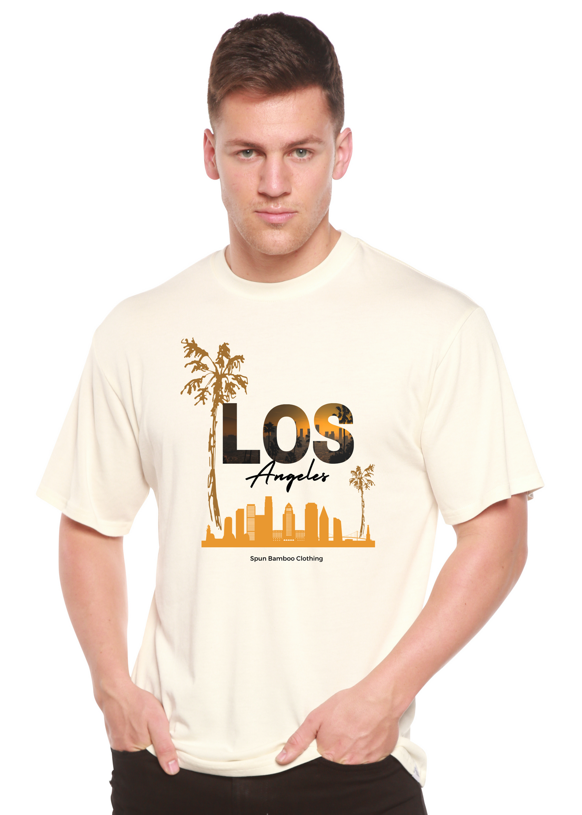 Men's Spun Bamboo graphic T-shirt with short sleeves, made from bamboo viscose and organic cotton, featuring a stylish printed design.
