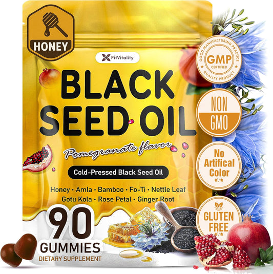 Black seed oil gummies in pomegranate flavor, herbal supplement for hair, skin, and nail nourishment, by FreshDrinkUS.