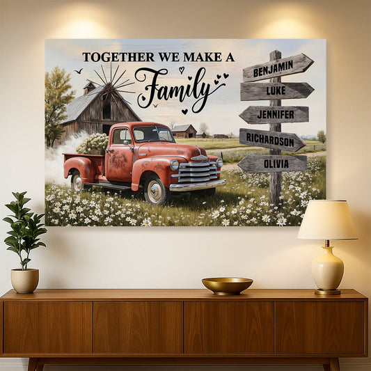 Personalized family farmhouse old truck canvas wall art by Tailored Canvases, featuring vintage truck and rustic farmhouse scene.