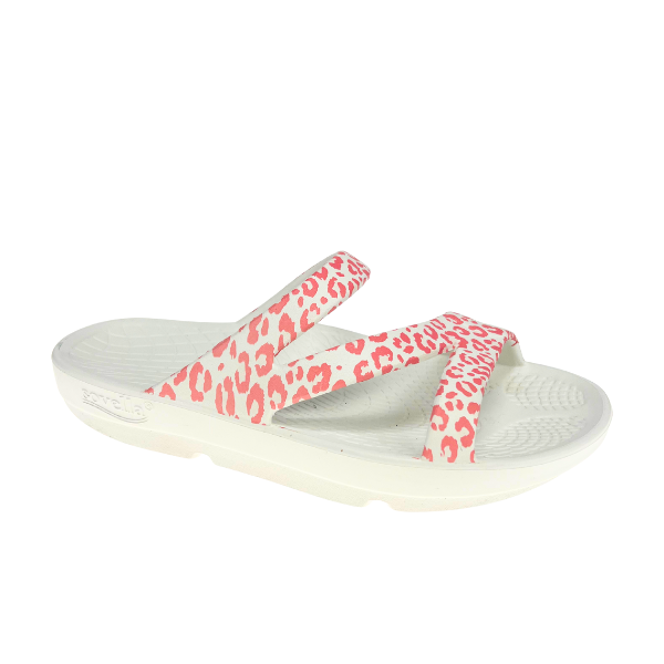 Women's Sovella Active Recovery Sandals by Lucky Feet Shoes, pink and leopard slide with supportive design for comfort.