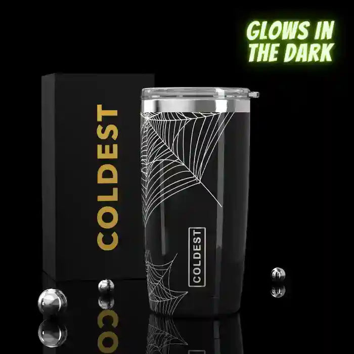 Coldest 20 oz Tumbler v2 hydration bottle with stainless steel exterior and black lid, designed for keeping drinks cold or hot.