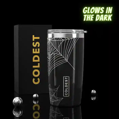 Coldest 20 oz Tumbler v2 hydration bottle with stainless steel exterior and black lid, designed for keeping drinks cold or hot.
