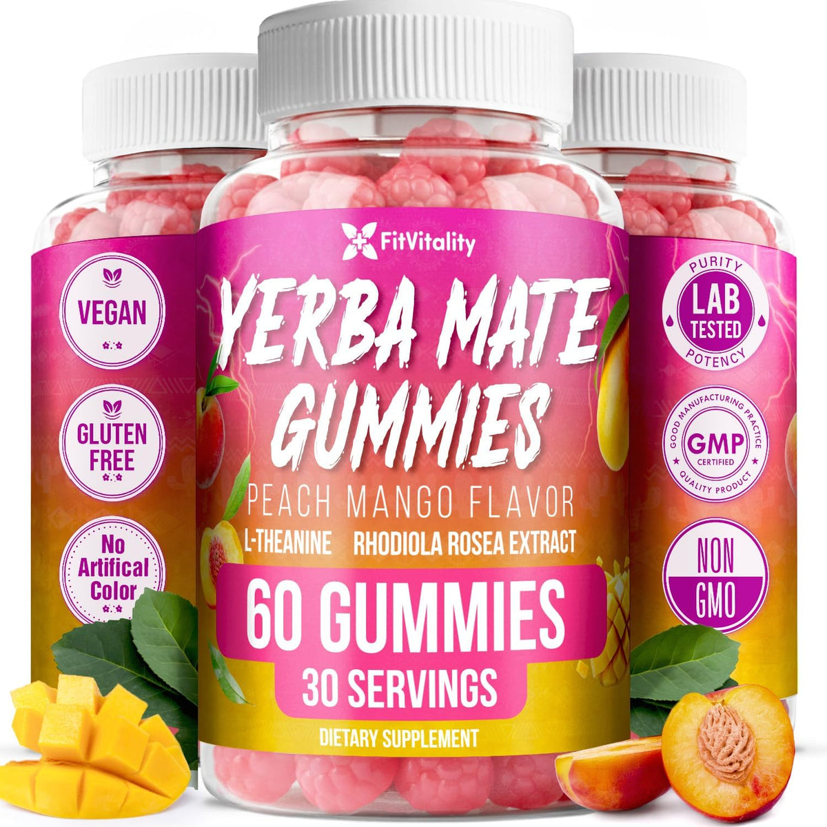 Yerba Mate Gummies – Super Focus & Energy Support – Formulated with Yerba Mate Extract, L-Theanine, Rhodiola, Ginseng, Choline, B12 – Peach Mango Flavor