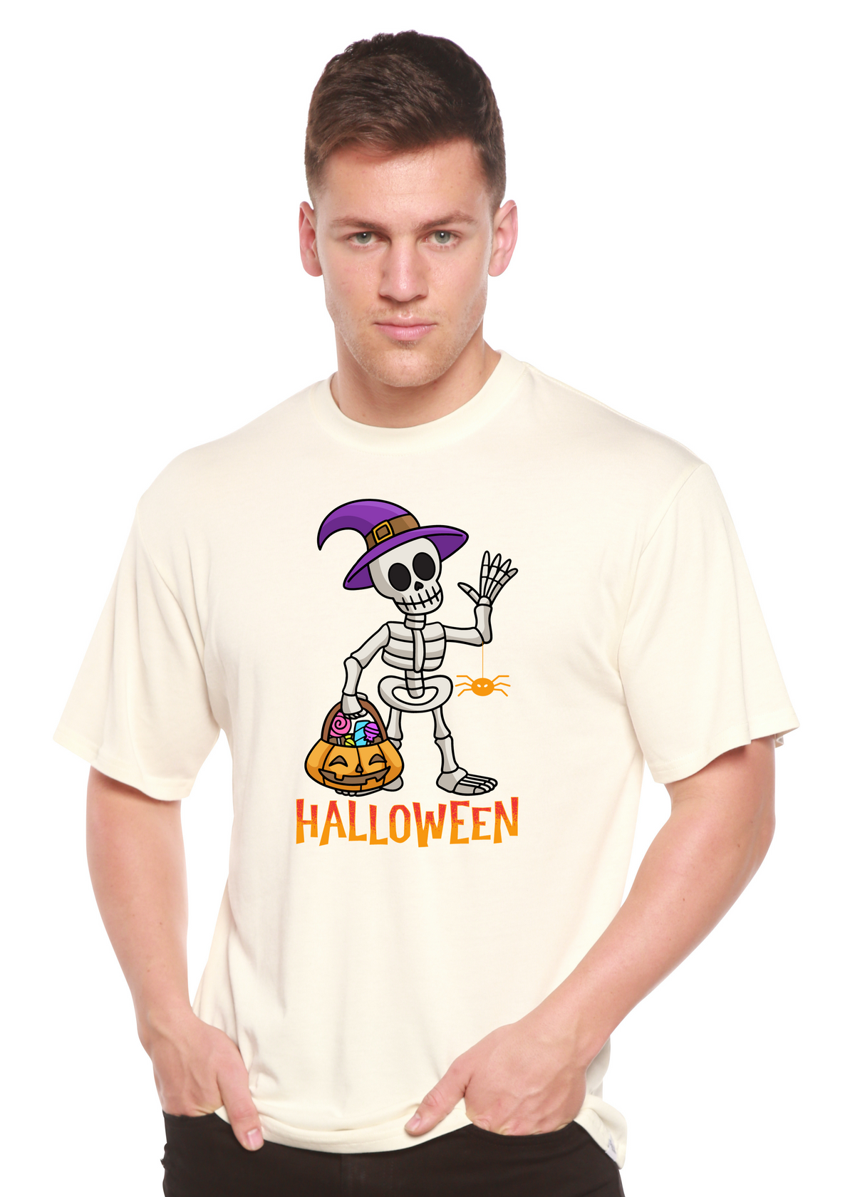 Unisex Halloween graphic T-shirt made from bamboo viscose and organic cotton by Spun Bamboo, featuring a festive print.