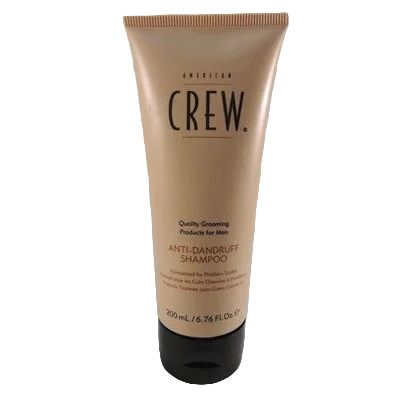 American Crew anti-dandruff shampoo bottle, 200ml, featuring a clean white label and blue cap, designed to treat dandruff.
