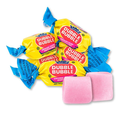 Dubble Bubble Original chewing gum in a bulk Candy In Bulk bag, showing colorful gum pieces inside the bag.
