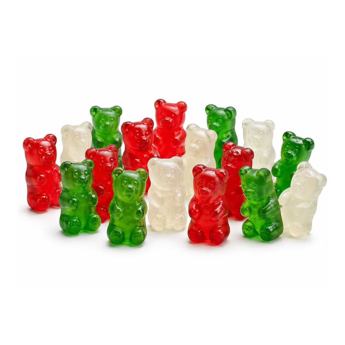 Assorted Christmas Gummi Bears in red, white, and green from Candy In Bulk in a large bulk value bag.
