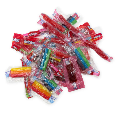 Assorted Twizzlers licorice twists and pull ’n’ peel candies from Candy In Bulk in a large, individually wrapped variety pack.