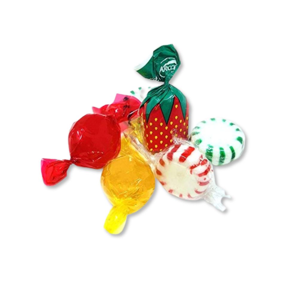 Assorted hard candies in a bulk Candy In Bulk bag, featuring colorful variety of hard candy pieces and flavors.