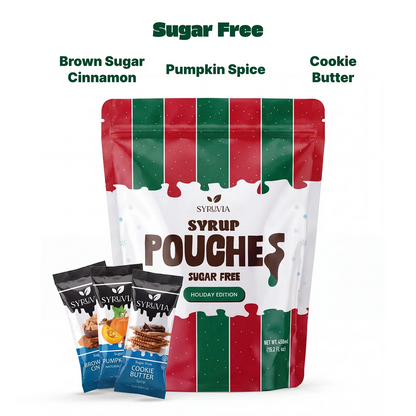 Syruvia sugar free syrup pouch with brown sugar cinnamon, pumpkin spice, and cookie butter flavors, shown in a flexible pouch.
