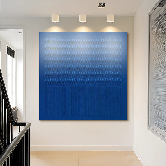 Minimalist blue gradient abstract wall art on canvas by Tailored Canvases, showcasing smooth color transitions and modern design.