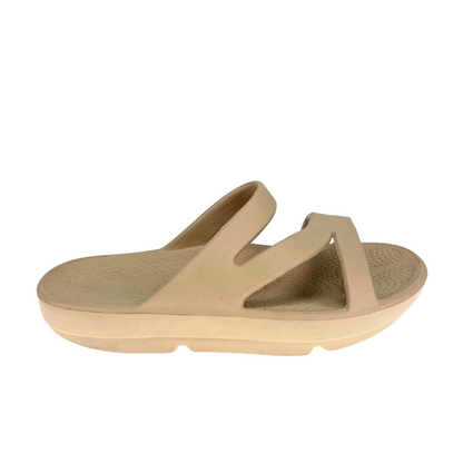 Women's Sovella Active Recovery Sandals by Lucky Feet Shoes featuring beige comfort slide with supportive design.