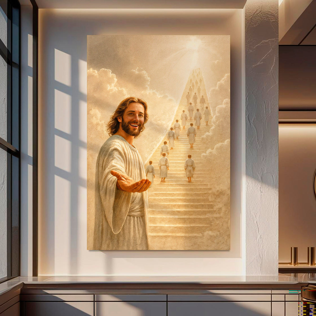 Canvas wall art titled "Stairway To Heaven Faith" by Tailored Canvases featuring a serene staircase and heavenly imagery.