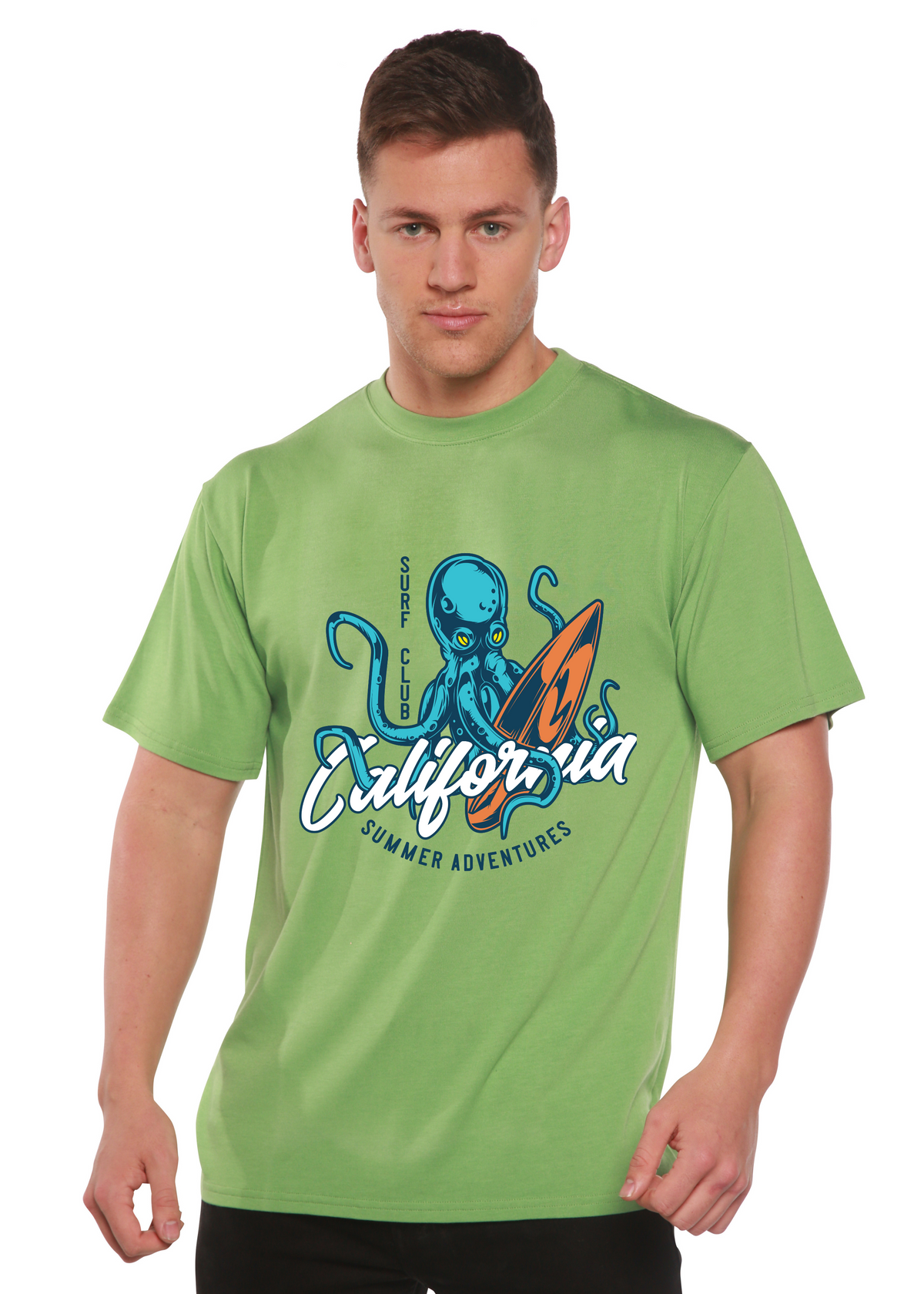 Spun Bamboo men's graphic T-shirt with California Summer Adventures design, made from bamboo viscose and organic cotton.