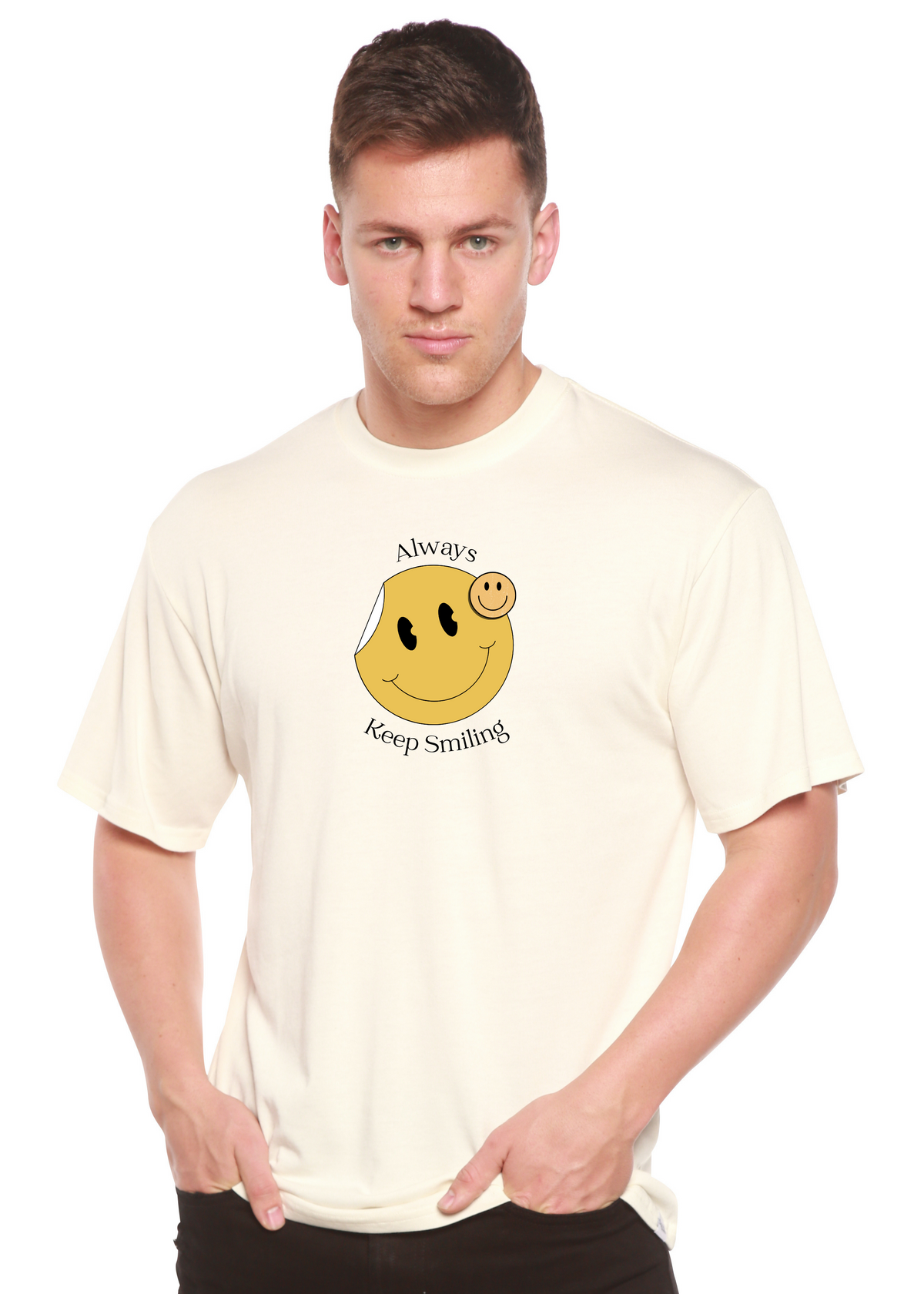 Men's printed T-shirt by Spun Bamboo, featuring a smiling graphic design in bamboo viscose and organic cotton fabric.