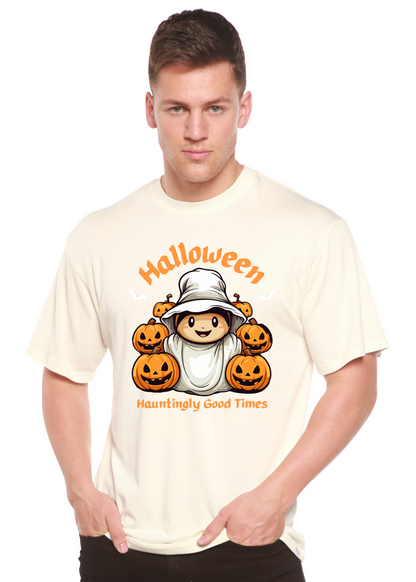 Men's Halloween graphic T-shirt by Spun Bamboo, short sleeve with haunting design, made from bamboo viscose and organic cotton.
