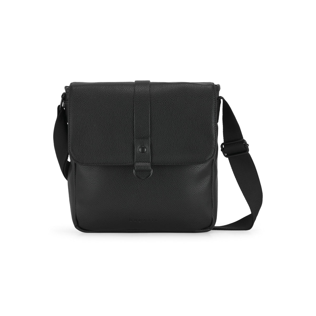 Black Henry crossbody bag by Bugatti Collections with adjustable strap and sleek design, front view showing smooth leather finish.