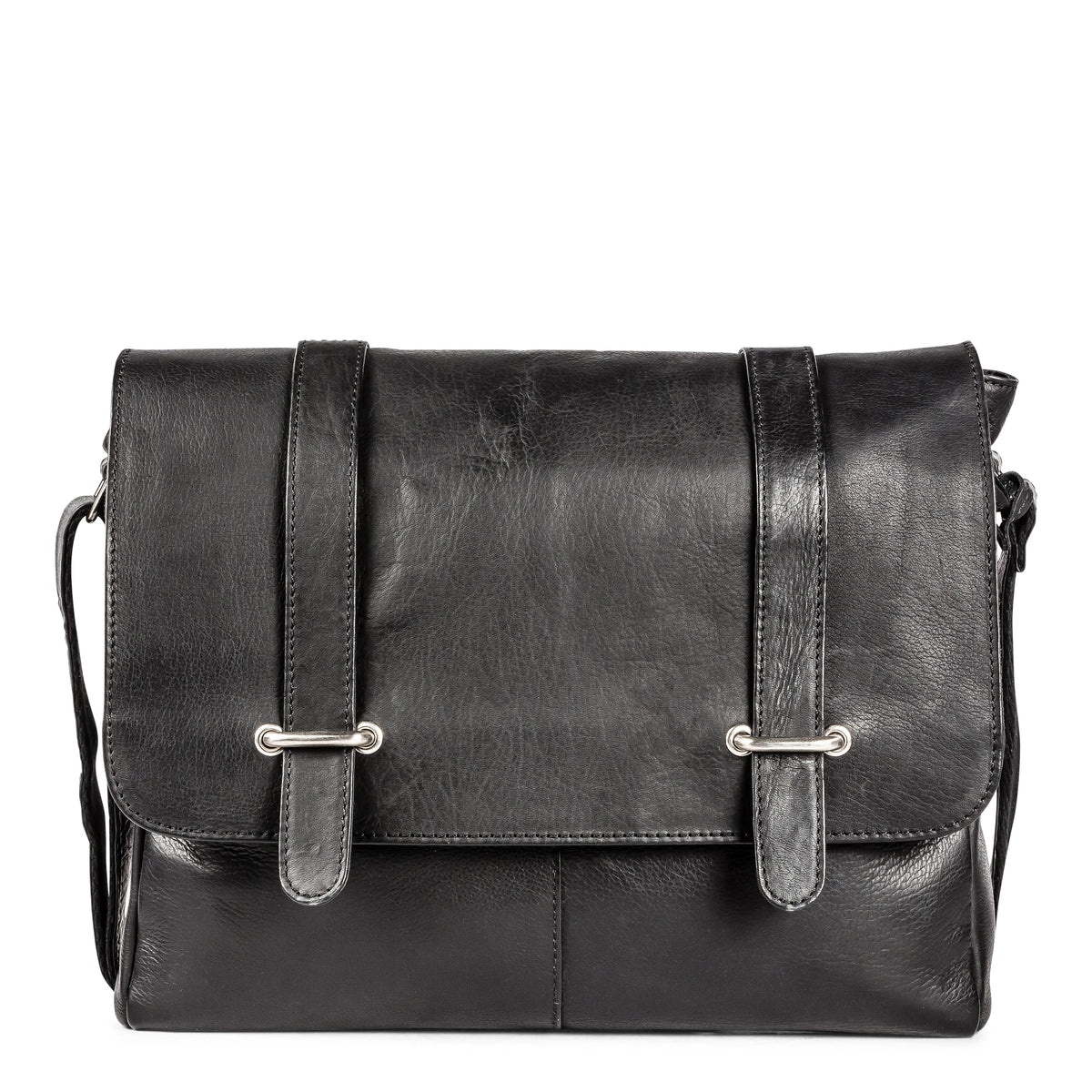 Black Colombia Messenger Bag by Bugatti Collections, featuring front view with adjustable strap and sleek design.