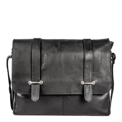 Black Colombia Messenger Bag by Bugatti Collections, featuring front view with adjustable strap and sleek design.