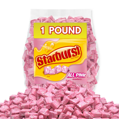 Pink Starburst fruit chews from Candy In Bulk in a 1-pound bag, showing vibrant pink candies with a soft, chewy texture.