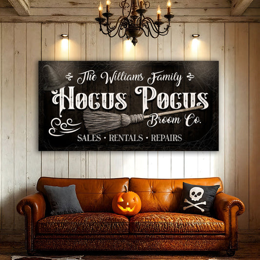 Personalized Hocus Pocus Broom Co. canvas wall sign with spooky design and custom text, perfect for witch-themed decor.
