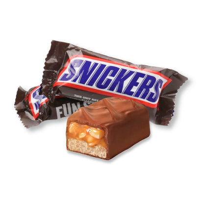 Fun size Snickers chocolate candy bar from Candy In Bulk in a bulk value bag, featuring the classic chocolate and caramel treat.