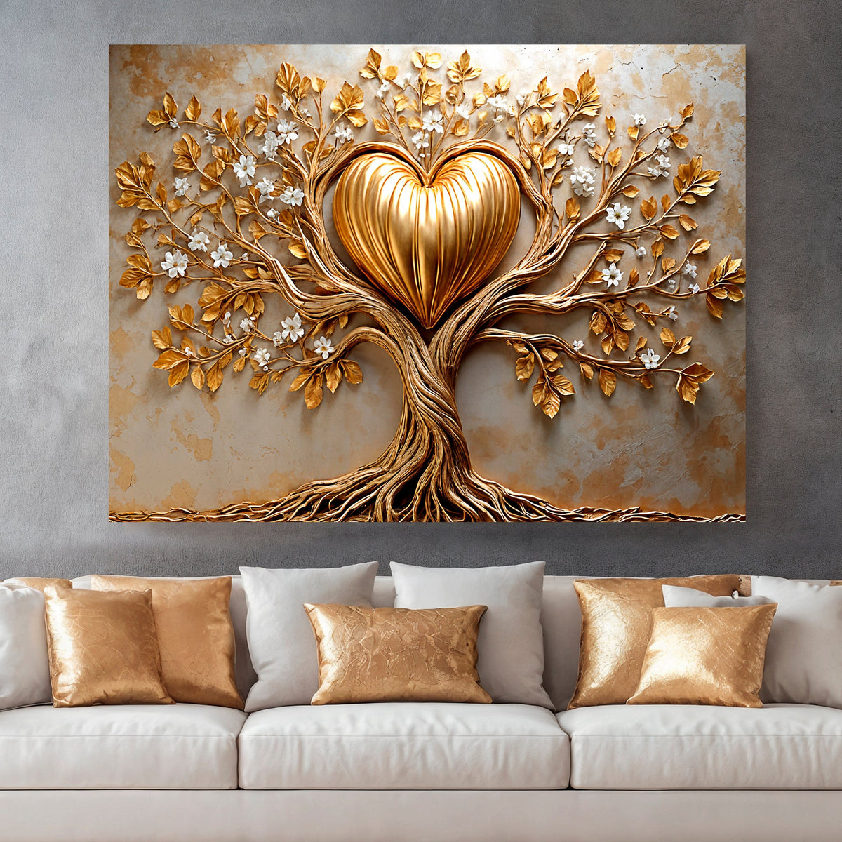 Golden tree heart wall art on canvas by Tailored Canvases, featuring a vibrant gold tree and heart design for home decor.