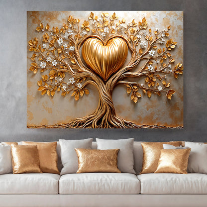 Golden tree heart wall art on canvas by Tailored Canvases, featuring a vibrant gold tree and heart design for home decor.